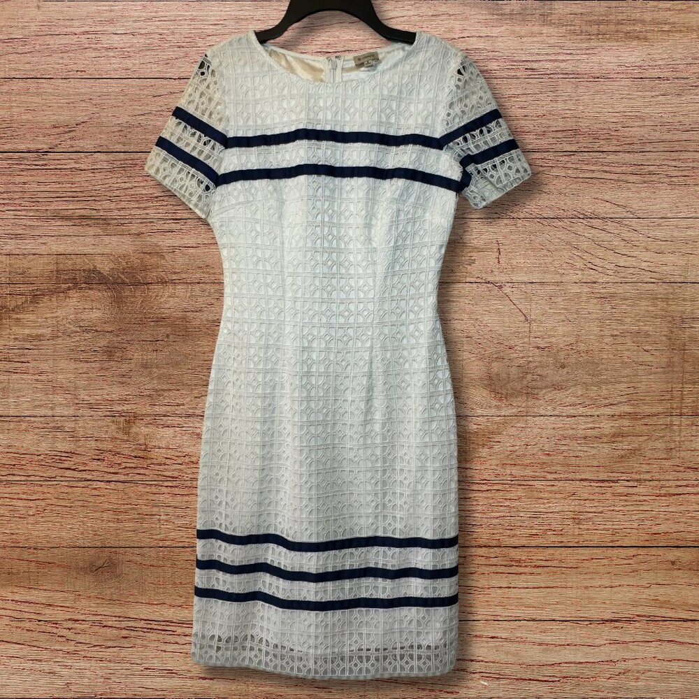 Cremeux White Lace Midi Dress with Navy Stripes - Size 0
